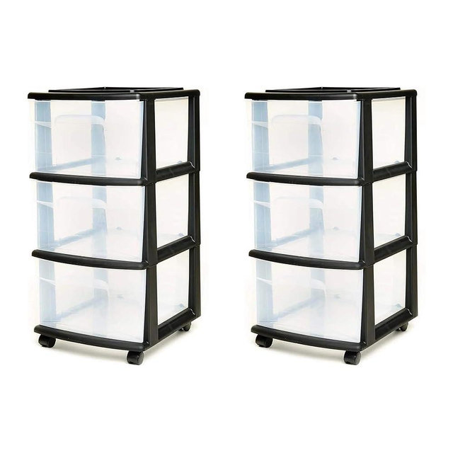 HOMZ 2-Pack Drawer Tower, 3-Tier Clear Plastic Storage Organizer Cart, Black Frame - Organizing Containers with Wheels for Home, Bathroom, Bedroom, Office, and Classroom