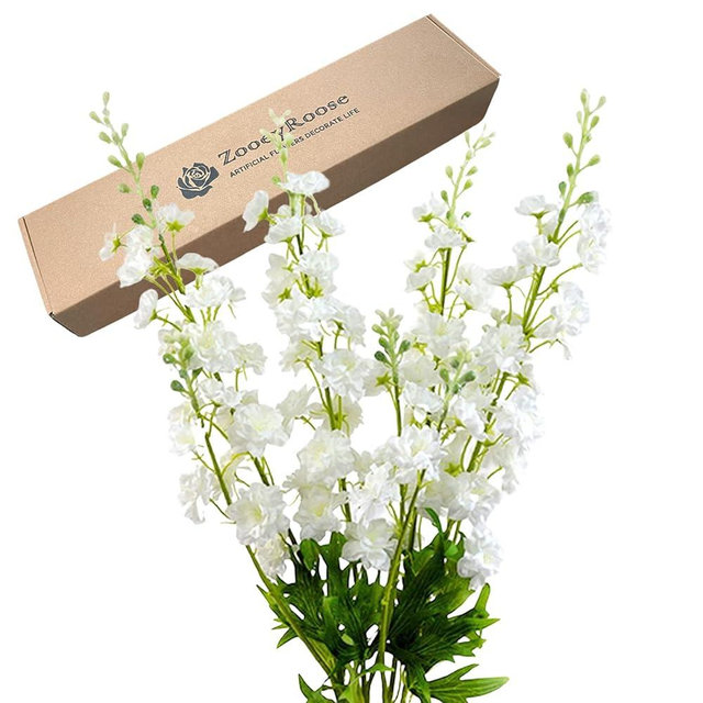 ZYTUYO White Delphinium Artificial Flower Long Stem Flower 4 pcs 33.5 in Fake Larkspur Faux Look real Silk Flower Plant Bulk Bouquets for Outdoor Tall Vase Home Garden Wedding Arrangement Decoration