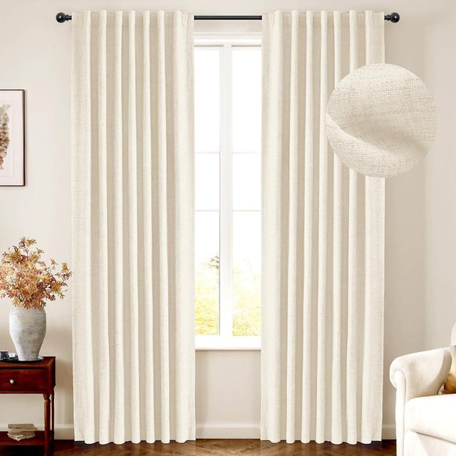 INOVADAY 100% Blackout Curtains 84 Inches Length 2 Panels Set, Back Tab/Rod Pocket Linen Black Out Curtains for Bedroom, Thermal Insulated Window Drapes - Light Cream, W50 X L84