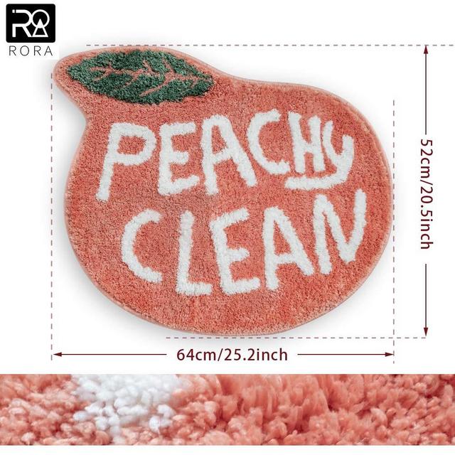 RORA Bath Rug for Kids Coral Pink Peach Shape with White Words Cartoon Plush Water Absorbent Bathroom Decor Mat Bathtub Bathroom Doormats for Children’s Room Non Slip Washable Toilet Rug(25.2"X20.5")