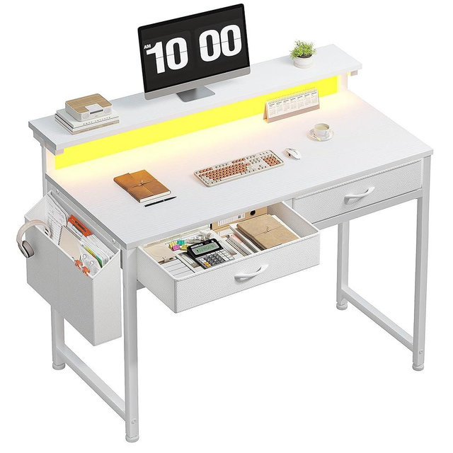 DurayLoly Computer Desk with 2 Drawers & LED Lights,31.5 Inch Home Office Desks with Side Pocket and Monitor Stand,Study Writing Table for Small Spaces,White