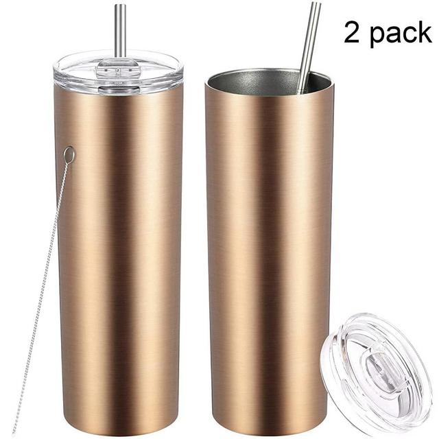 2 Pack Stainless Steel Skinny Tumbler, Double-Insulated Water Tumbler Cup With Lid and Straw, Outdoor Unbreakable Travel Slim Bottle for Hot Cold Drinks with Cleaning Brush (Champagne, 20 OZ)