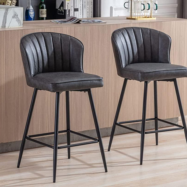 EALSON Counter Height Bar Stools Set of 2 Modern Bar Chairs with Back Leather Upholstered Barstools with Metal Footrest Comfortable Island Chairs for Kitchen Counter/Home Bar/Dining Room, Grey