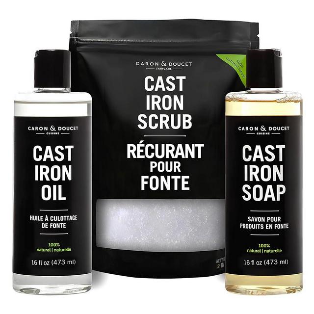 CARON & DOUCET – Ultimate Cast Iron Set PLUS: Seasoning Oil, Cleaning Soap & Restoring Scrub | 100% Plant-Based & Best for Cleaning Care, Washing, Restoring & Seasoning Skillets, Pans & Grills!