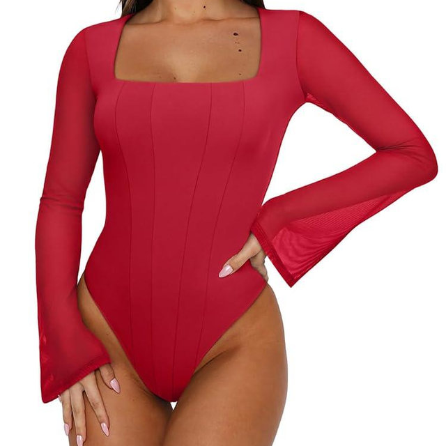REORIA Women's Sexy Long Sleeve Square Neck Bodysuit Mesh Double Lined Going Out Tops 2025
