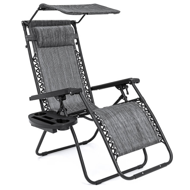 Best Choice Products Folding Zero Gravity Recliner Patio Lounge Chair w/ Canopy Shade, Headrest, Side Tray - Gray