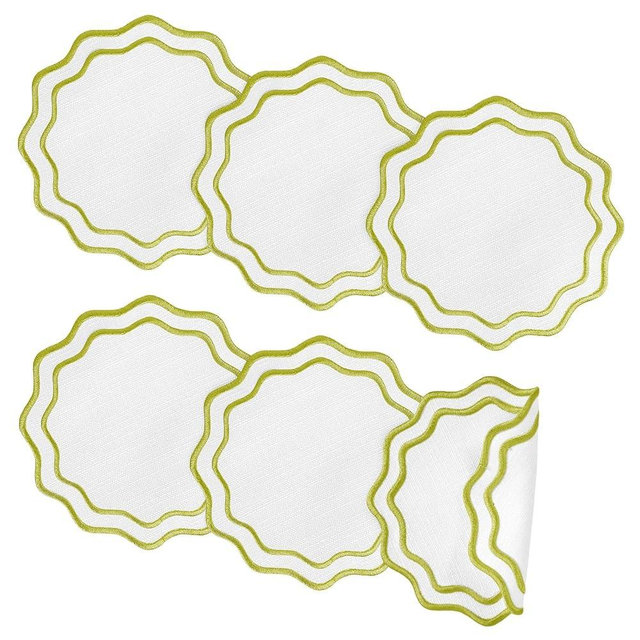 Set of 6 Sage Green Cotton Linen Coasters 5.5 Inch Embroidery Scalloped Coasters Floral Drink Mats for Table Decor Washable Fabric Cup Mats for Wedding Tea Party Festival Spring Holiday Entertaining