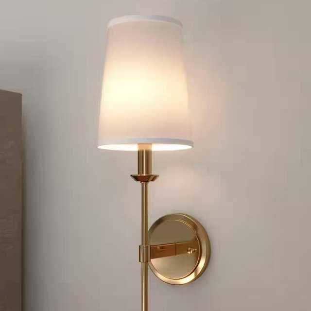 Camden 6 in. W 1-Light Gold Natural Brass Wall Sconce Fixture White Linen Fabric Shade, LED Compatible