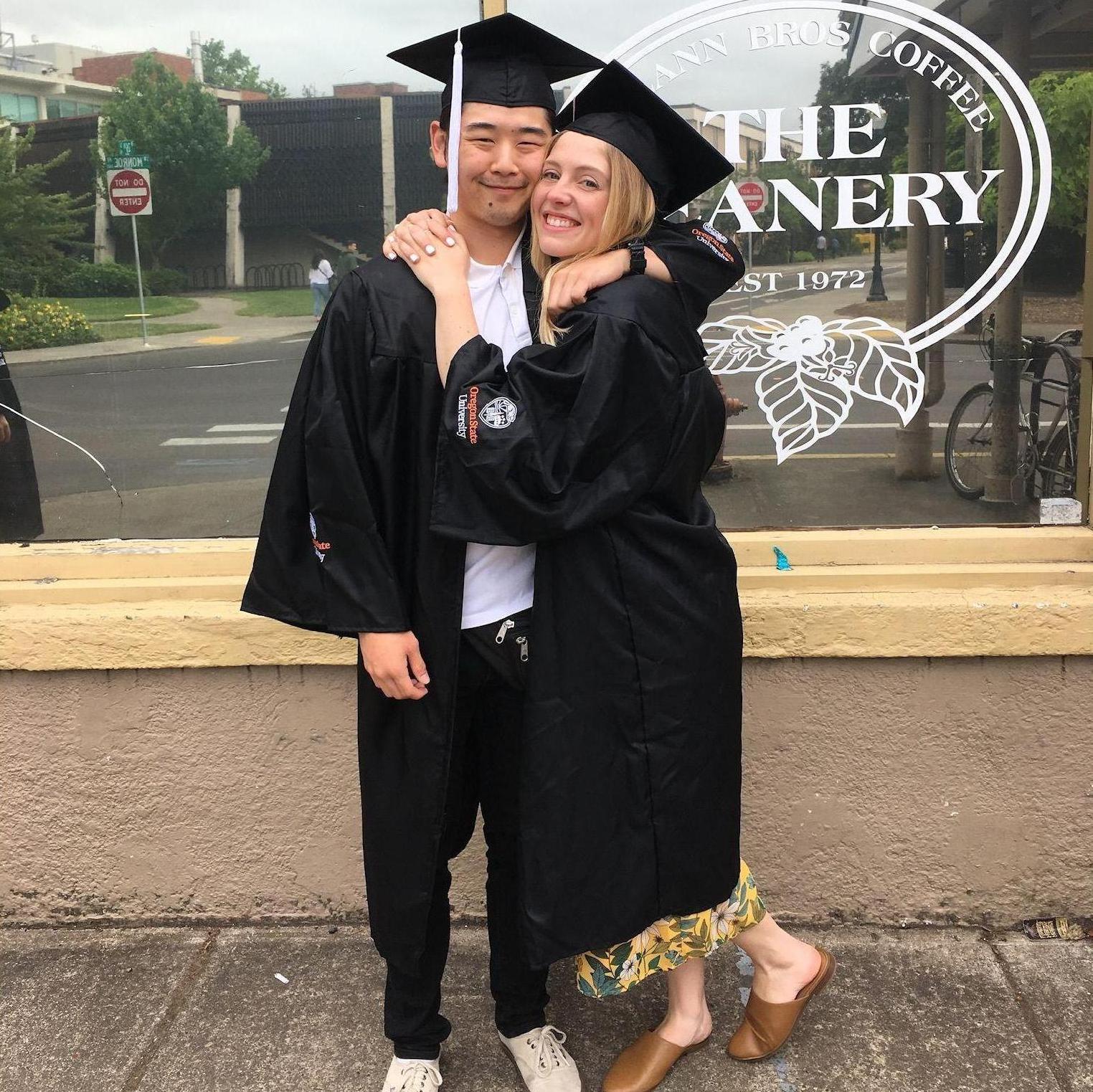Graduation 2018, in front of the coffee shop we always used to meet at and where Neil would pretend to like reading for me