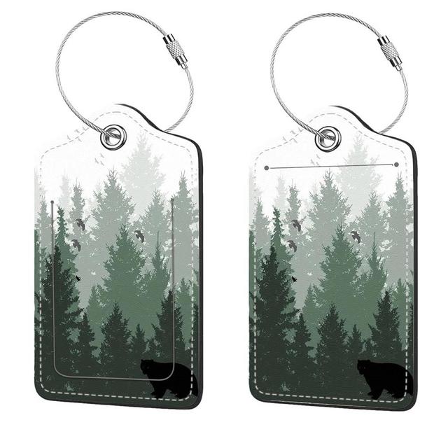 2 Pcs Luggage Tags for Suitcase, Cute Unique PU Leather Travel Bag Tag with Privacy Cover ID Label Address Card and Durable Metal Ring Suitable for Men Women Children Backpack,Forest