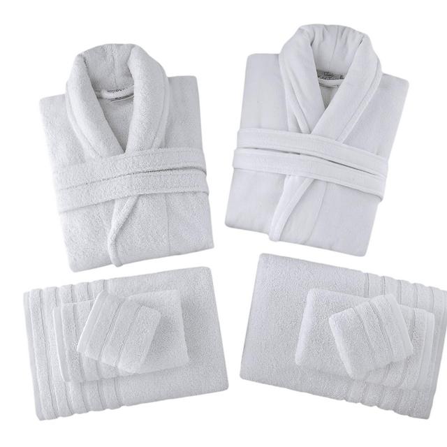 Classic Turkish Towels - His and Her Robes and Bath Towels Gift Set - 8 Piece Set Includes Velour and Terry bathrobes and 6 Piece Towels Made with 100% Turkish Cotton (White)