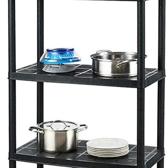 LDAILY Heavy Duty 5 Tier Plastic Storage Rack,Multi-Use Free Standing Shelf Unit, Easy to Assemble, Black (1, 28“L X 15”W X 67“H)