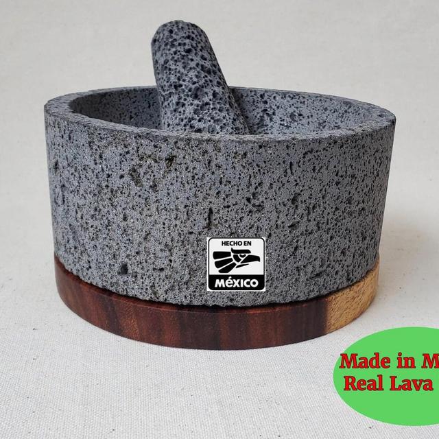 Wood Base Bowl & Pestle - Lava Stone - 8 Inch - Authentic Mexican Molcajete