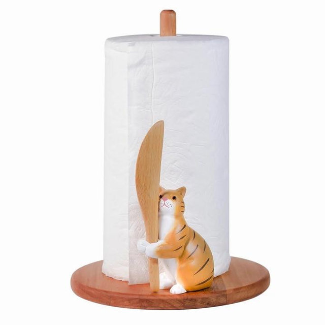 Cat Wooden Paper Towel Holder,9.5" Large Thicken Base Wood Kitchen Tissue Holder, Freestanding Paper Towel Holders, Suitable for Farmhouse, Kitchen Countertop Decorative Paper Towel Holder (cat)