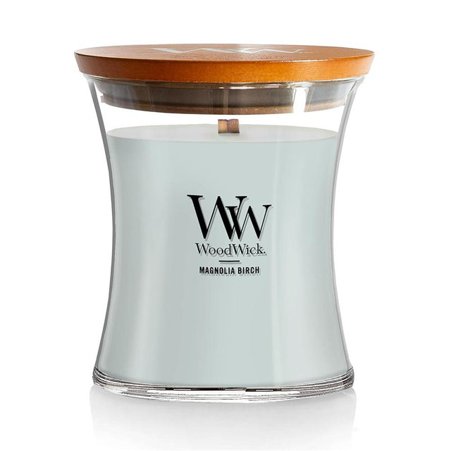 WoodWick Magnolia Birch Holiday Candle Gifts for Women and Men, 9.7 oz Medium Hourglass Candle with Crackling Wick