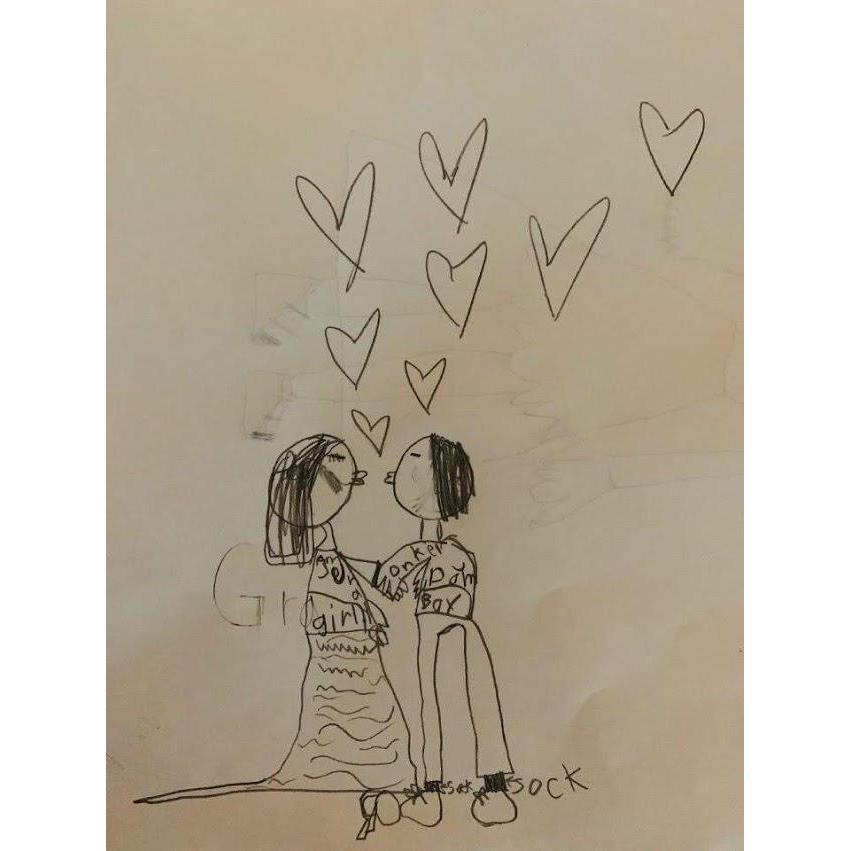 And then we met! 
One girl, Jenae.
One boy, Onkle Dom.
You with your socks,
Me with my lips.
And hearts and love abounded.
(*Original drawing by Margaret Laing - Flowergirl)