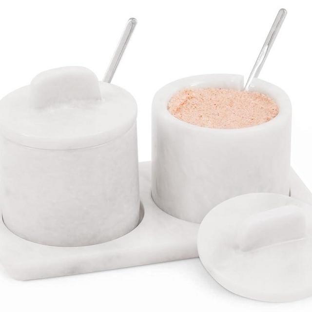 SPESHSTONES Marble Salt Cellar With Lid and Spoon 4 Inch White Salt and Pepper Shakers Set of 2, Ideal Stone Salt Box and Pepper Bowls with Lid, Salt Container for Countertop