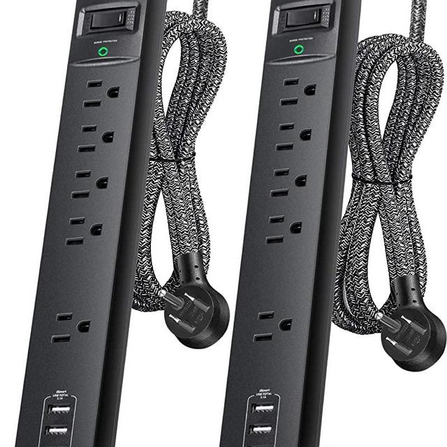10Ft Long Surge Protector Power Strip - Extension Cord with Multiple Outlets, 5 Widely Outlets 3 USB Charging Ports, Flat Plug Overload Surge Protection, Wall Mount for Home, Office ETL Listed, 2 Pack