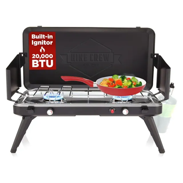 Hike Crew 2-Burner Gas Camping Stove - 20,000 BTU Propane Portable Grill with Igniter & More!