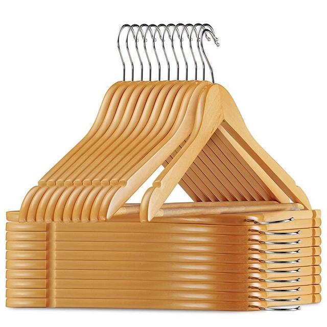 20 Pack Premium Wooden Suit Hangers - Smooth Natural Finish Heavy Duty Wood Coat Hangers - 360 Swivel Hook and Notches Clothes Hangers with Non Slip Pants Bar for Shirt, Jacket, Pant, Dress Hangers