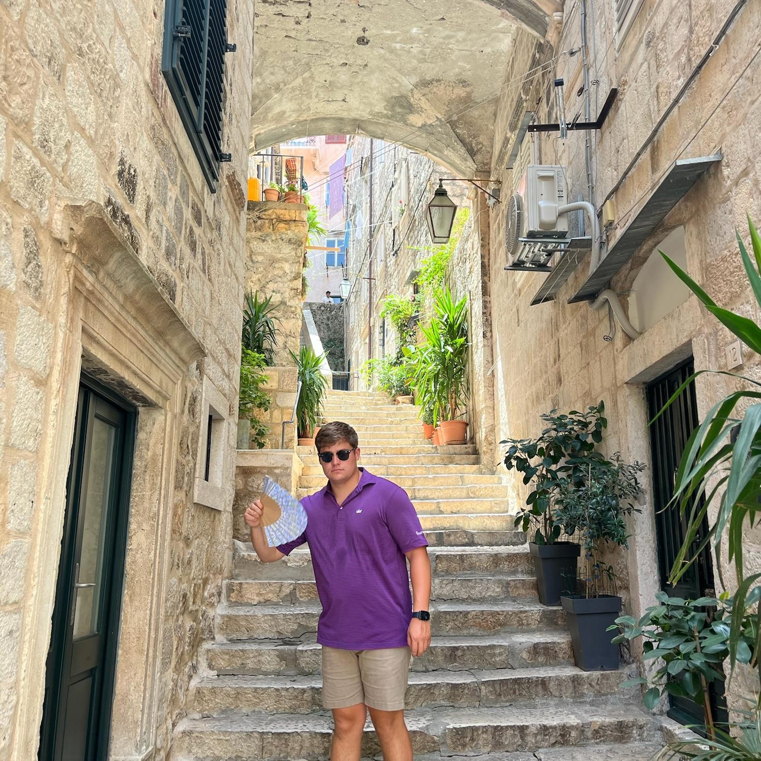 In the beautiful city streets of Dubrovnik. It felt like a 100 degrees this day so Lucas was having no shame in stealing my fan.