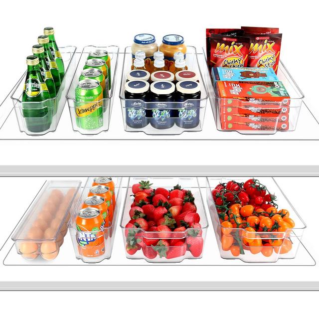 Refrigerator Organizer Bins, ESARORA 8 PACK Clear Fridge Bins with Handles(4 Wide, 3Narrow 1 Egg Holder) For Fridge, Freezer, Kitchen Cabinet, Pantry Organization, BPA Free Freezer Organizer Bins