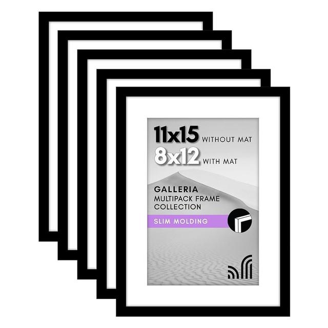 Americanflat 11x15 Picture Frame with Polished Plexiglass - Set of 5 - Use as 8x12 Frame with Mat or Display 11x15 Photo Without Mat - Galleria Collection - Picture Frames for Wall Display - Black