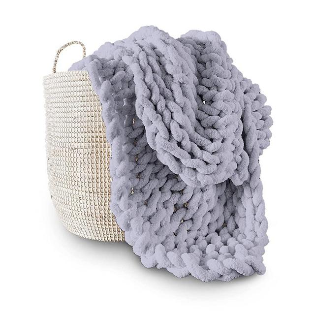 Adyrescia Chunky Knit Blanket Throw | 100% Hand Knit with Jumbo Chenille Yarn (60"x80", Lilac Gray)
