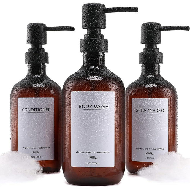 Shampoo and Conditioner Dispenser, 16.9oz Refillable Shampoo and Conditioner Bottles with Matte Pump and Funnel, Modern Shower Dispenser with Waterproof Labels for Hotel Home Bathroom - Set of 3