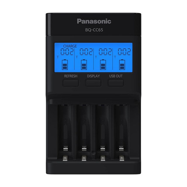 Panasonic BQ-CC65AKBBA Super Advanced eneloop pro and eneloop 4-Position Quick Charger with LCD Indicator Panel and USB Charging Port, Black