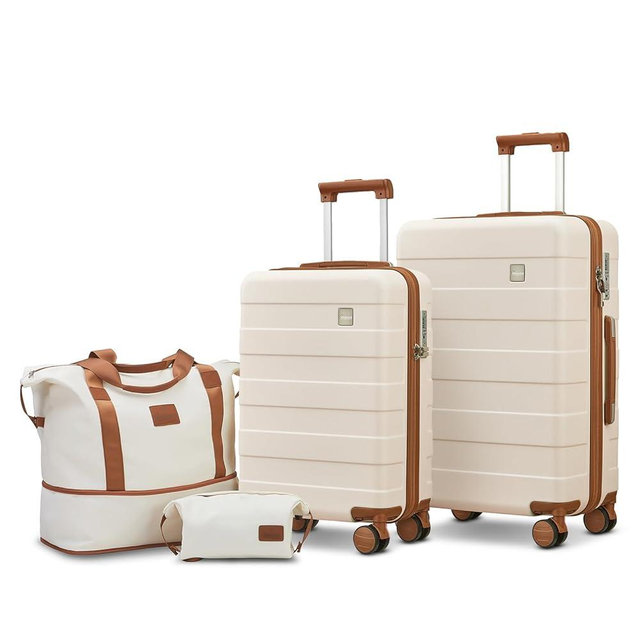 imiomo Luggage Sets 2 Piece Carry on and Check,Hardside Suitcase with Spinner Wheels, Lightweight Rolling Travel Luggage with TSA Lock (Beige, 4PCS)