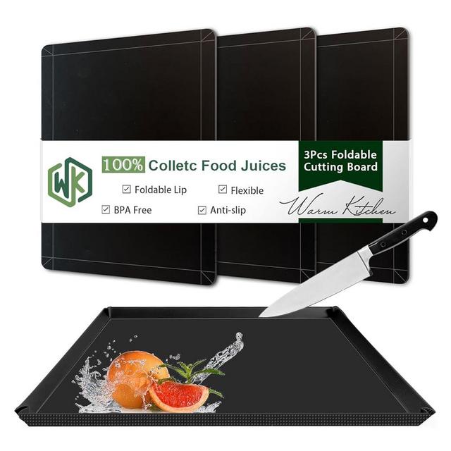 WK Flexible Plastic Cutting Boards Mats with Lip, Foldable Cutting Board for Kitchen Set of 3, Black Cutting Boards for Meat, Nonslip Cutting Mats Sheets, BPA Free, Dishwasher Safe