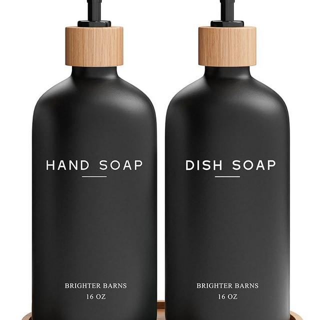 Black Glass Hand and Dish Soap Dispenser Set by Brighter Barns - Kitchen Soap Dispenser Set with Tray - Bamboo Soap Dispenser for Kitchen Sink - Modern Kitchen Decor, Boho Kitchen Decor (Black)