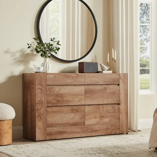 6 Drawer Dresser, 54" Wide Modern Wood Chest of Drawers, Storage Organizer for Bedroom Living Room Entryway, Light Brown