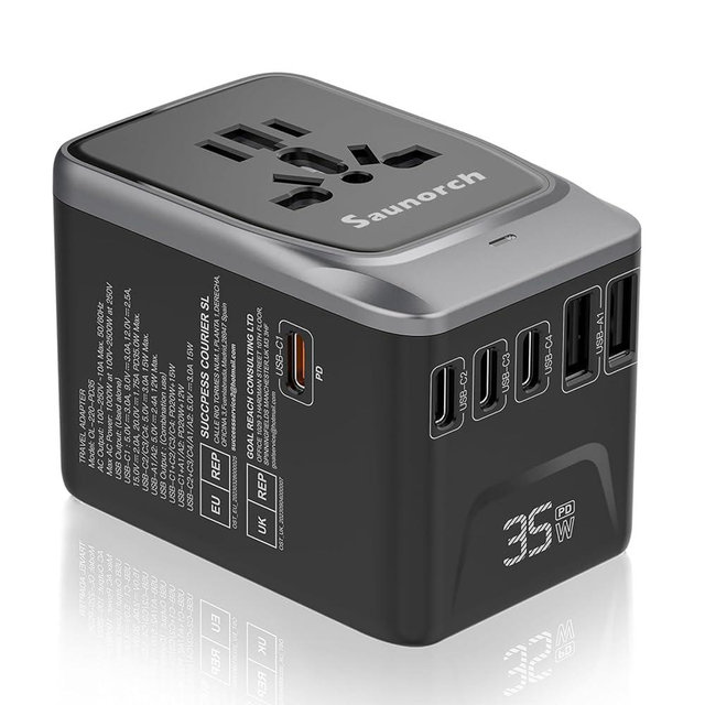 SAUNORCH Universal Travel Adapter, PD 35W 7 in 1 International Power Plug Adapter with 7.0A 4 USB-C and 2 USB-A Fast Wall Charger, Worldwide AC Outlet for US Europe UK AUS (Black+Silver)