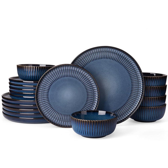 Famiware Starlight Dish Dinnerware Sets, Plates and Bowls Set for 6 (18 Pieces), Ridge Textured Ceramic Tableware - Dishwasher & Microwave Safe, Chip & Scratch Resistant, Reactive Glaze, Starry Blue