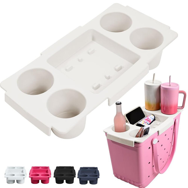 Tote Topper Tray Accessories for Bogg Bag Large Only - Waterproof EVA Removable Table Top Organizer Lid with Cup Holder, Divider, Snack, Phone & Drink Holders for Beach, Pool (White)