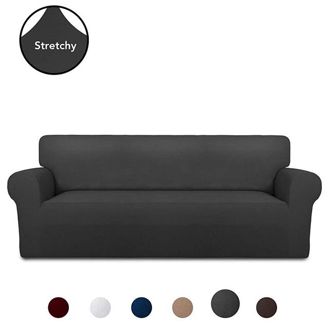 PureFit Super Stretch Chair Sofa Slipcover – Spandex Non Slip Soft Couch Sofa Cover, Washable Furniture Protector with Non Skid Foam and Elastic Bottom for Kids, Pets （Sofa， Dark Gray）