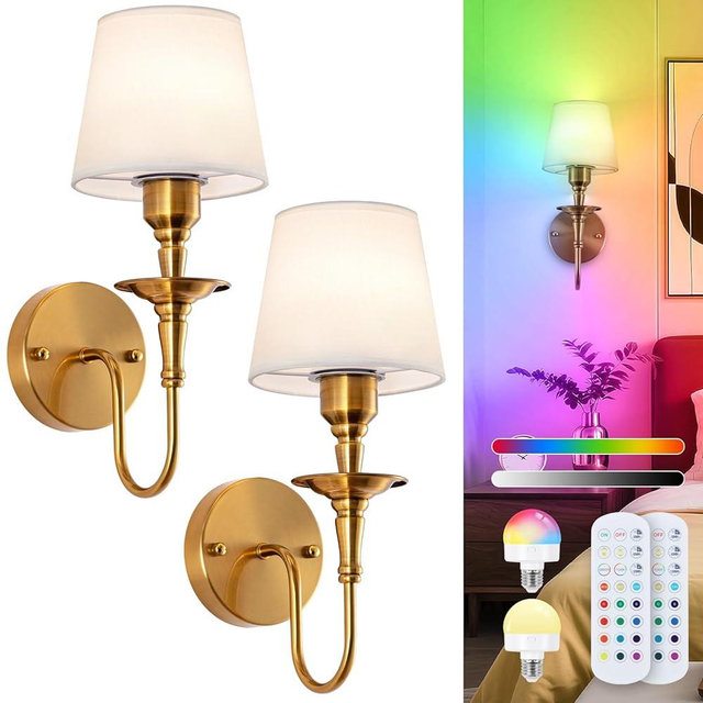 EIDISUNY Vintage Wall Sconces Set of 2, Wireless Wall Lamp with RGB Rechargeable Dimmable Bulbs, Brass-Color Battery Operated Wall Sconce with Remote for Bedroom, Living Room, Hallway Bulbs Included