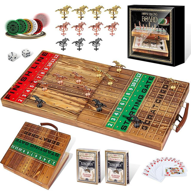 Large 22.8 inches Horse Racing Game, Foldable Horse Race Board Game for Adult, Thickened Solid Wood with 11 Luxurious Durable Classic Metal Horses,143 Chips, 2 Dice, 2 Boxes of Cards