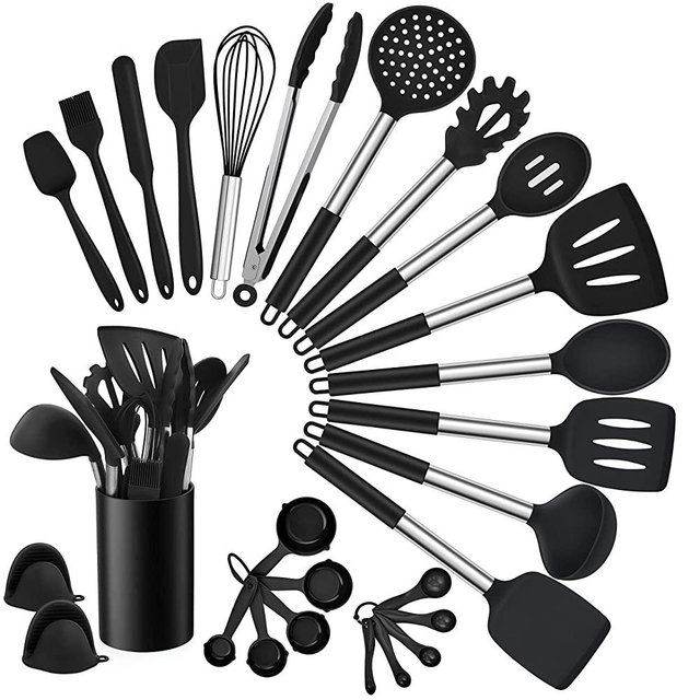 Homikit 27 Pieces Silicone Cooking Utensils Set with Holder, Kitchen Utensil Sets for Nonstick Cookware, Black Kitchen Tools Spatula with Stainless Steel Handle, Heat Resistant