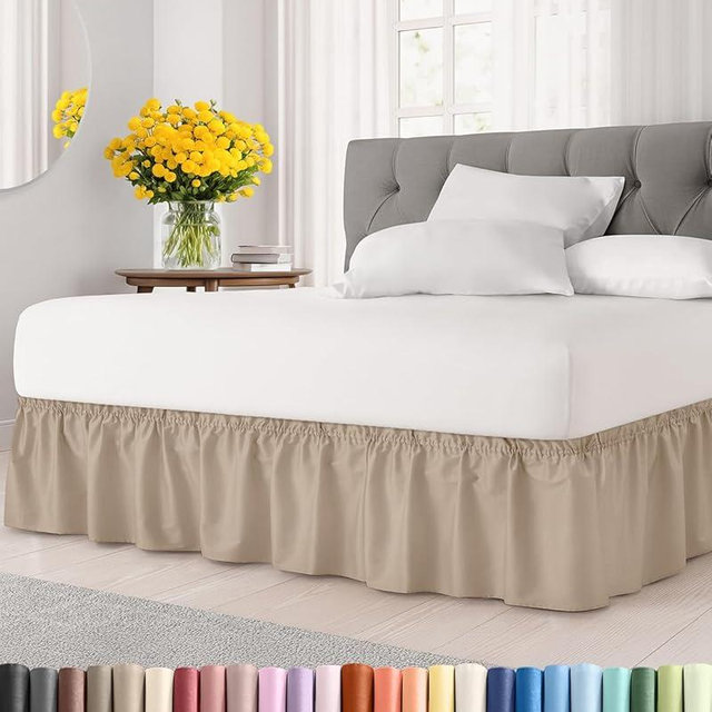 Wrap Around Dust Ruffle Bed Skirt - Cream - for Full Size Beds with 12 Inch Drop - Easy Fit Elastic Strap - Adjustable Pleated Bedskirt w/Brushed Fabric - Wrinkle Free - for Women, Men, Kids & Teens