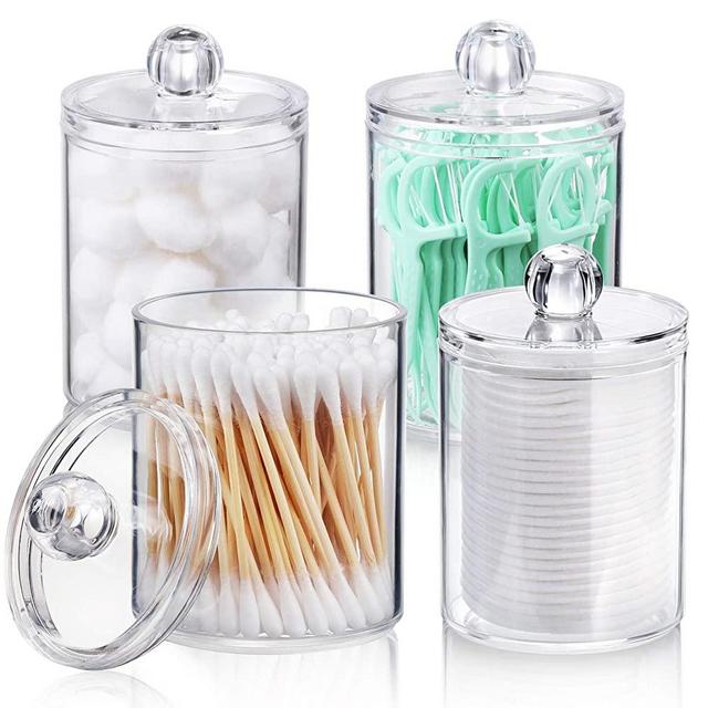 AOZITA 4 Pack Qtip Holder Dispenser for Cotton Ball, Cotton Swab, Cotton Round Pads, Floss - 10 oz Clear Plastic Apothecary Jar for Bathroom Canister Storage, Vanity Makeup Organizer