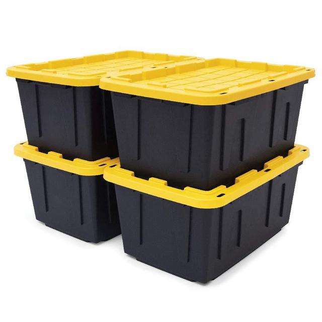 Black & Yellow 27-Gallon Tough Storage Containers with Lids, Stackable, 4 Pack, Black