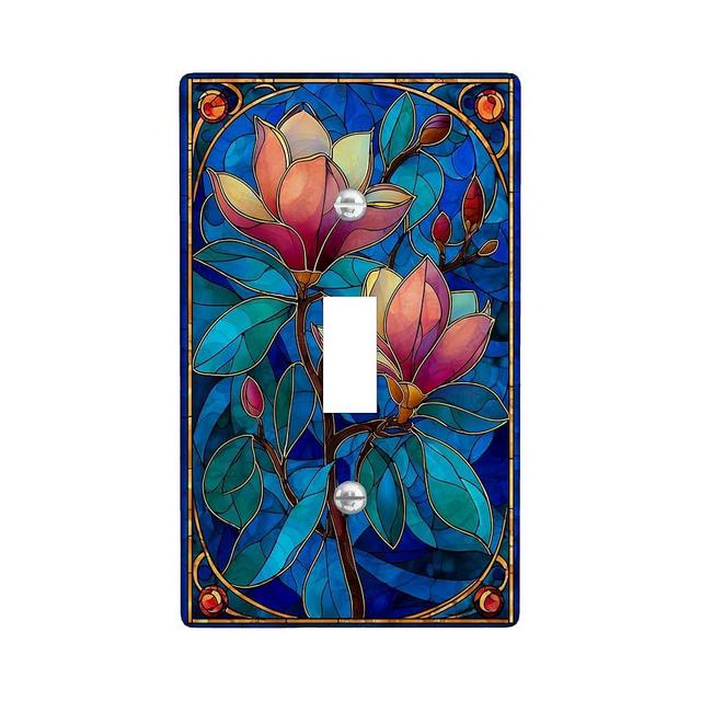 Stained Glass Light Switch Cover Plates/Outlet Covers, Blue Floral Design for Home Decor, Thermoplastic Wall Plates, Standard Size Single Toggle