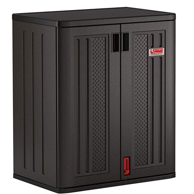 Suncast Commercial Black Blow Molded Tall 2 Shelf Storage Shed Cabinet for Indoor or Outdoor Use