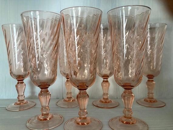 Rosaline Pink Swirl Arcoroc Champagne Flutes.