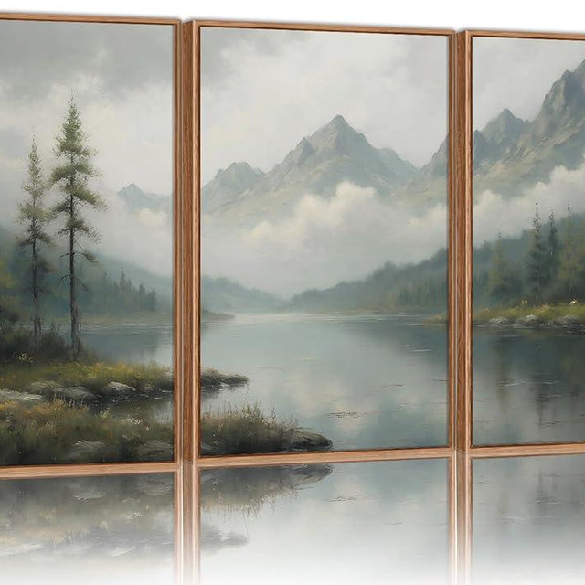 SIGNINART Large Green Forest Framed Canvas Wall Art Set, Misty Mountain Lake Wall Decor, Modern Foggy Wood Landscape Artwork, Nature Oil Painting Art Print for Living Room, Bedroom, Office 16"x24"x3