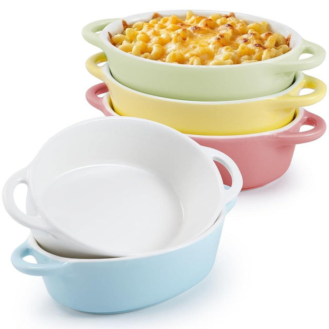 IJRPLM 5 Pack Oval Porcelain Ramekins, 10 oz Oven Safe Mini Casserole Baking Dishes, Individual Porcelain Souffle Bowls with Handles, Small Gratin and Dessert Ramekins, 5 Colors