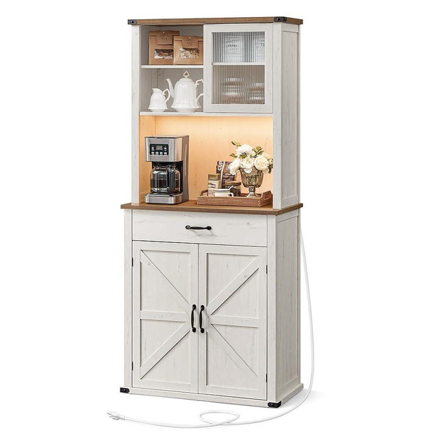 VASAGLE 71" Pantry Cabinet with Lights and Charging Station, Kitchen Pantry Cabinet with Doors and Drawer, Farmhouse Storage Cabinet, Coffee Bar Cabinet, Adjustable Shelves, Rustic White UBBK363W12